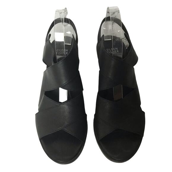 Eileen Fisher Rai Black Leather Chunky Heel Straps Sling Back Sandals Size 10 - Picture 2 of 7
